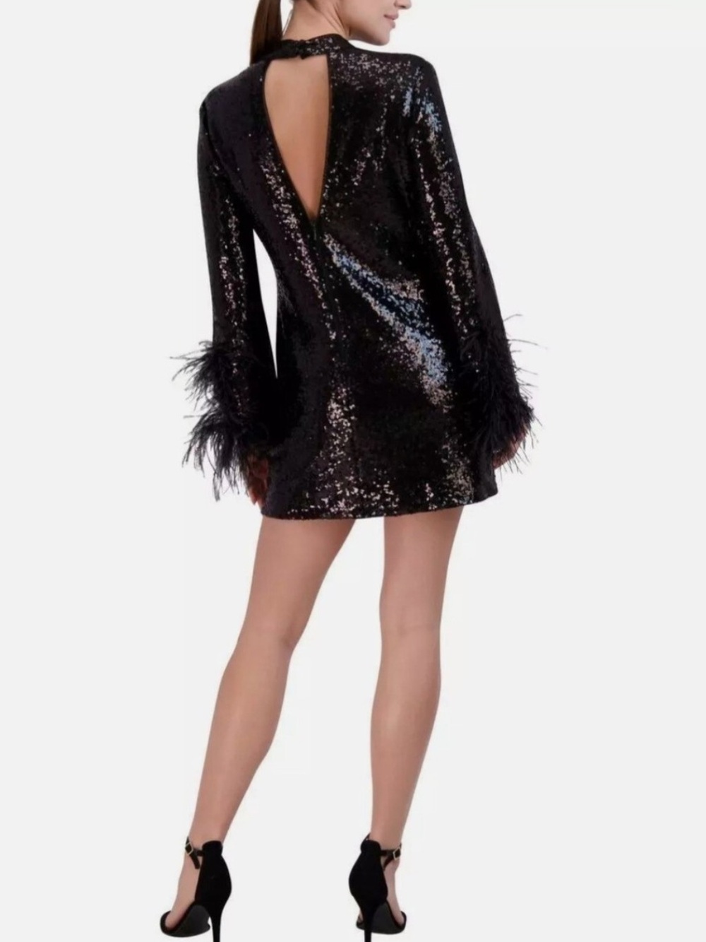 Laundry by Shelli Segal Black Sequin Feather Cuff Cocktail Dress 8